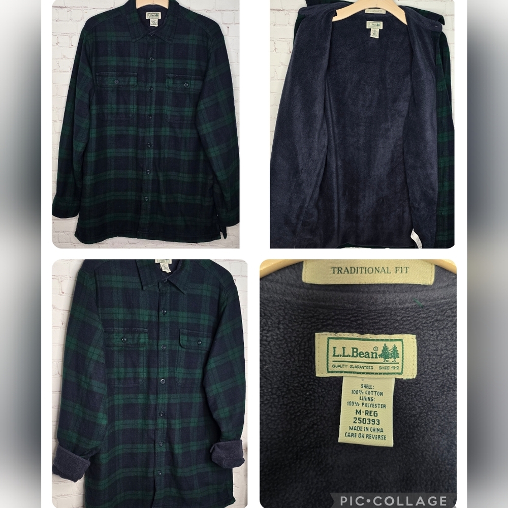 LL Bean Jacket M Green Flannel Plaid Shirt Fleece Lined Shacket